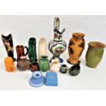 MIXED LOT OF CERAMICS including a West German mottled vase, two fish shaped water jugs, Wade Heath