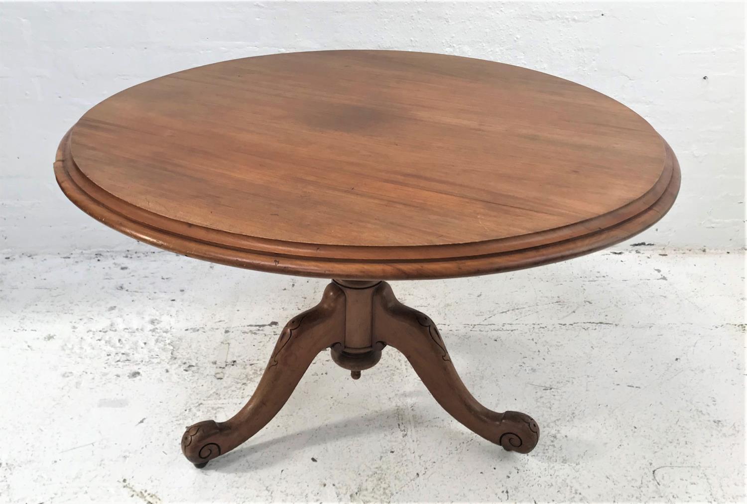 LATE VICTORIAN MAHOGANY BREAKFAST TABLE with a circular tilt top on a bulbous column with three