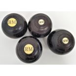 SET OF FOUR LAWN BOWLS in lignum vitae with ivorine disks marked RM (4)