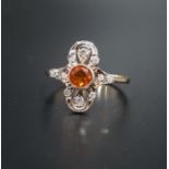 UNUSUAL FIRE OPAL AND DIAMOND ART DECO STYLE PLAQUE RING the round cut Mexican fire opal