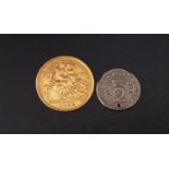 EDWARD VII GOLD HALF SOVEREIGN COIN dated 1909; together with a George I 2 pence coin, dated 1717,