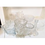 SELECTION OF CRYSTAL AND OTHER GLASSWARE including a pair of RCR chamber sticks, pair of Avon