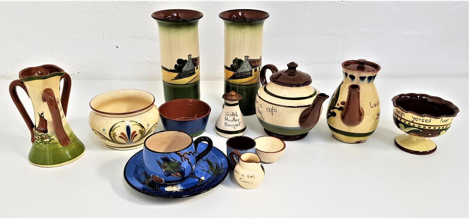 SELECTION OF CORNISH STUDIO ART POTTERY including two tea pots, tyg, cup and saucer, two egg cups,