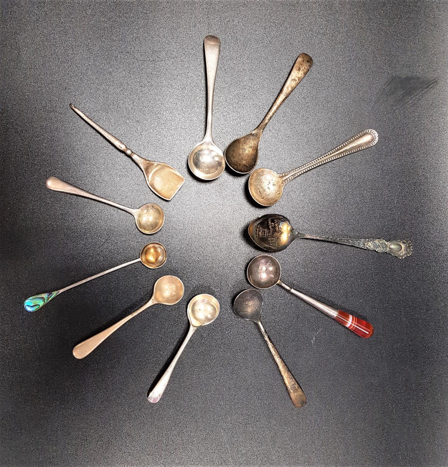 SELECTION OF VICTORIAN AND LATER SILVER SALT SPOONS of various designs and ages, including one