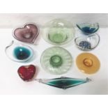 SELECTION OF GLASS BOWLS of various shaped colour and designs, including one with mellefiori