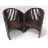 PAIR OF RENNIE MACKINTOSH STYLE TEAK HORSESHOE SHAPED ARMCHAIRS with continuous slatted back and