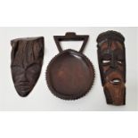 SELECTION OF AFRICAN CARVED HARDWOOD ITEMS including a carved shallow bowl with handle, 30.5cm long;