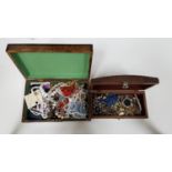 TWO BOXES OF COSTUME JEWELLERY including bead and other necklaces, bracelets, bangles, brooches,