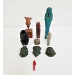 EGYPTIAN SHABTI STYLE FIGURES including a faience style figure, resin scarab beetle, small resin