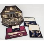 SELECTION OF CASED FLATWARE including shaped oak canteen for six with a trade label for Kerry