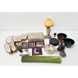 SELECTION OF COLLECTABLES including a mother of pearl jewellery box, pewter quaich and vase, a
