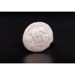 JULIUS CAESAR SILVER DENARIUS 49-44 BC ELEPHANT COIN with elephant advancing right, trampling horned