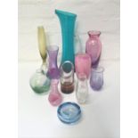 SELECTION OF COLOURFUL GLASSWARE including a pink Selkirk glass vase, 15cm high; two Caithness style