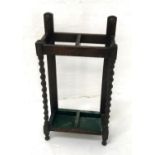 OAK ARTS AND CRAFTS STICK STAND with two divisions and barley twist front columns, with two metal