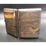 JAPANESE SILVER AND MIXED METAL INLAID CIGARETTE CASE with engraved Mount Fuji and landscape