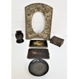 SELECTION OF EAST ASIAN WARES including a white metal dragon embossed picture frame, Peking pewter