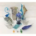 SELECTION OF GLASSWARE including an opaque glass vase with colourful spot decoration; four glass