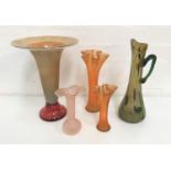 SELECTION OF GLASSWARE comprising a trumpet shaped vase with iridescent interior and orange glass