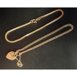 TWO NINE CARAT GOLD CHAIN LINK BRACELETS one with heart clasp and safety chain, approximately 17.5cm