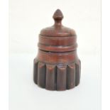 18th CENTURY LABURNUM TREEN SPICE JAR AND COVER of cylindrical form, the lower section with ribbed