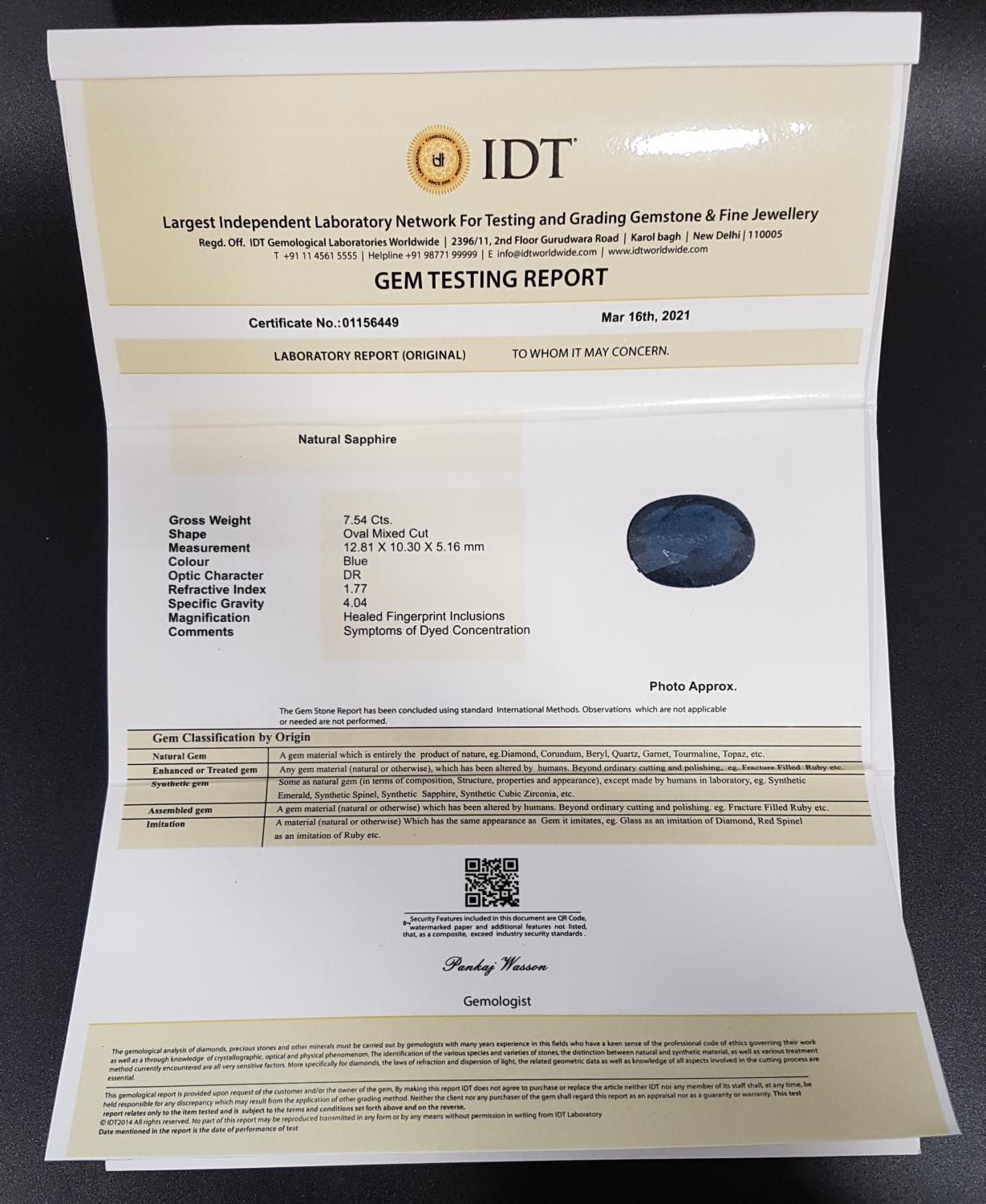 CERTIFIED LOOSE NATURAL SAPPHIRE the oval cut blue sapphire weighing 7.54cts, with IDT certificate - Bild 2 aus 2