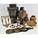 SELECTION OF METALWARE including horse brasses, table bells, vases, candle sticks and other items