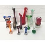SELECTION OF COLOURFUL GLASS VASES of various sizes and designs including Chribska and cased glass