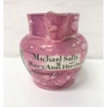 SUNDERLAND PINK LUSTRE WARE JUG commemorating 'Micheal Solly & Mary Ann Heritage Married Octr.