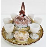 VALLERYSTHAL OPAQUE MILK GLASS HEN ON A NEST BREAKFAST SET comprising a central hen on a nest