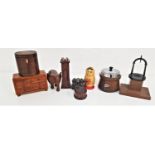 MIXED LOT OF COLLECTABLES including a pocket watch stand, Matryoshka doll, oak tea caddy, teak