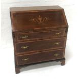 EDWARDIAN MAHOGANY AND INLAID BUREAU the inset fall flap opening to reveal a fitted interior,