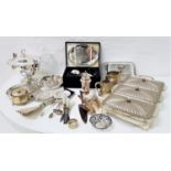 SELECTION OF SILVER PLATE including a lidded tureen and ladle, lidded serving dishes, sugar