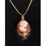 SHELL CAMEO PENDANT the cameo depicting a female bust in profile, in pierced nine carat gold mount