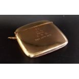 GEORGE V NINE CARAT GOLD VESTA with hinged cover and engraved 'To J. L. from T. R. D. Dec.10th