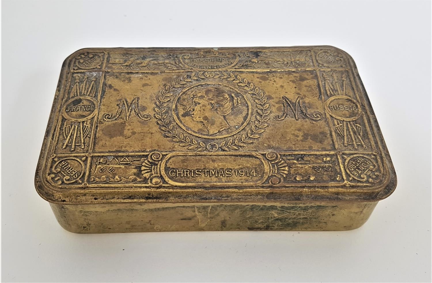 WWI QUEEN MARY BRASS CHRISTMAS TIN dated 1914