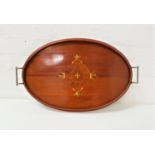 OVAL MAHOGANY AND INLAID TRAY with a galleried top and metal carry handles, 65.5cm wide