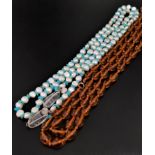 LONG PEARL AND TURQUOISE NECKLACE with a clear crystal to each end, for tie fastening, approximately