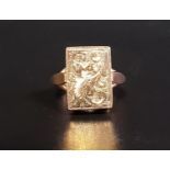 UNUSUAL NINE CARAT GOLD LOCKET RING the rectangular locket section with hinged scroll engraved