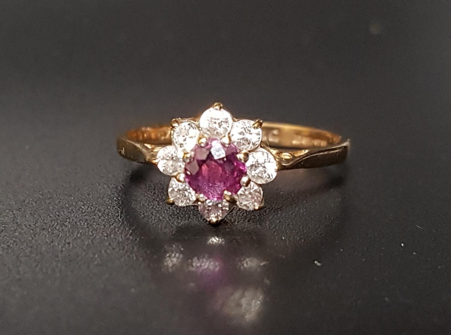 RUBY AND CZ CLUSTER RING the round cut ruby surrounded by eight CZ stones, on nine carat gold shank,