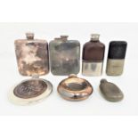 SEVEN VARIOUS HIP FLASKS including two glass and leather examples with removable silver plated/