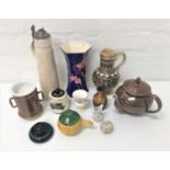 SELECTION OF DECORATIVE CERAMICS including a miniature Wedgwood urn decorated with flowers; a lady