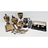 SELECTION OF SILVER PLATE including a cased cruet set, photograph frame, Mappin & Webb goblet, tea