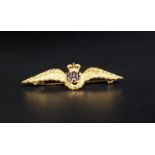 NINE CARAT GOLD RAF SWEETHEART BROOCH with enamel detail, 5cm wide and approximately 4.6 grams