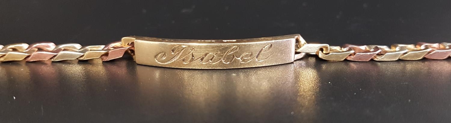 NINE CARAT GOLD IDENTITY BRACELET the central panel engraved 'Isabel', flanked by alternating