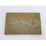 19th CENTURY BRASS ENGRAVED PRINT BLOCK depicting a horse race, 12.7cm x 19.7cm