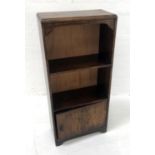 OAK STUDENT BOOKCASE with moulded top above two open shelves with cupboard below, 91cm high