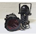 PAIR OF INDUSTRIAL THEATRE LIGHTS in black aluminium, with bracket fixings and power leads (2)