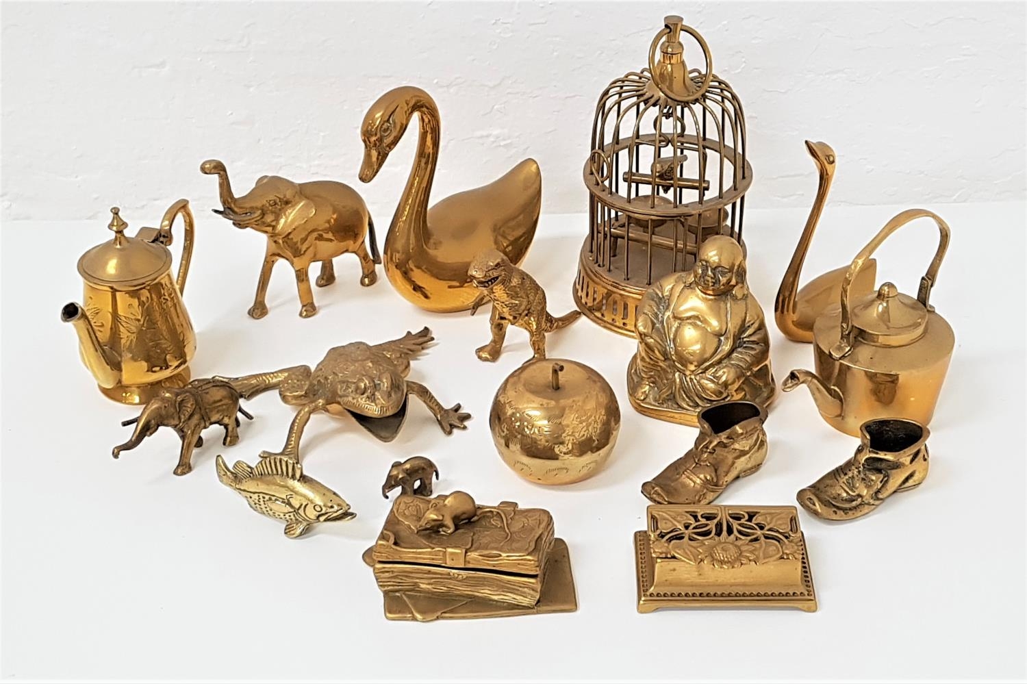 SELECTION OF DECORATIVE BRASS WARE including a pierced Art Nouveau stamp box, Buddha, elephants,