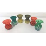 SIX SMALL COLOURFUL GLASS VASES one Sark glass example, all with mottled decoration and