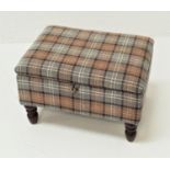 SHETLAND STORAGE STOOL covered in tartan with a padded lift up lid, standing on turned supports,